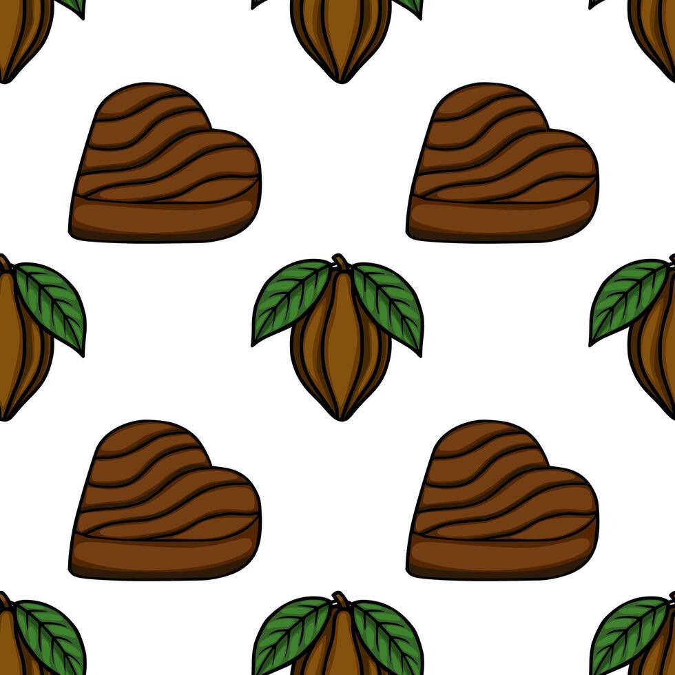Seamless pattern of stylized chocolate pralines and cocoa pods with leaves. vector