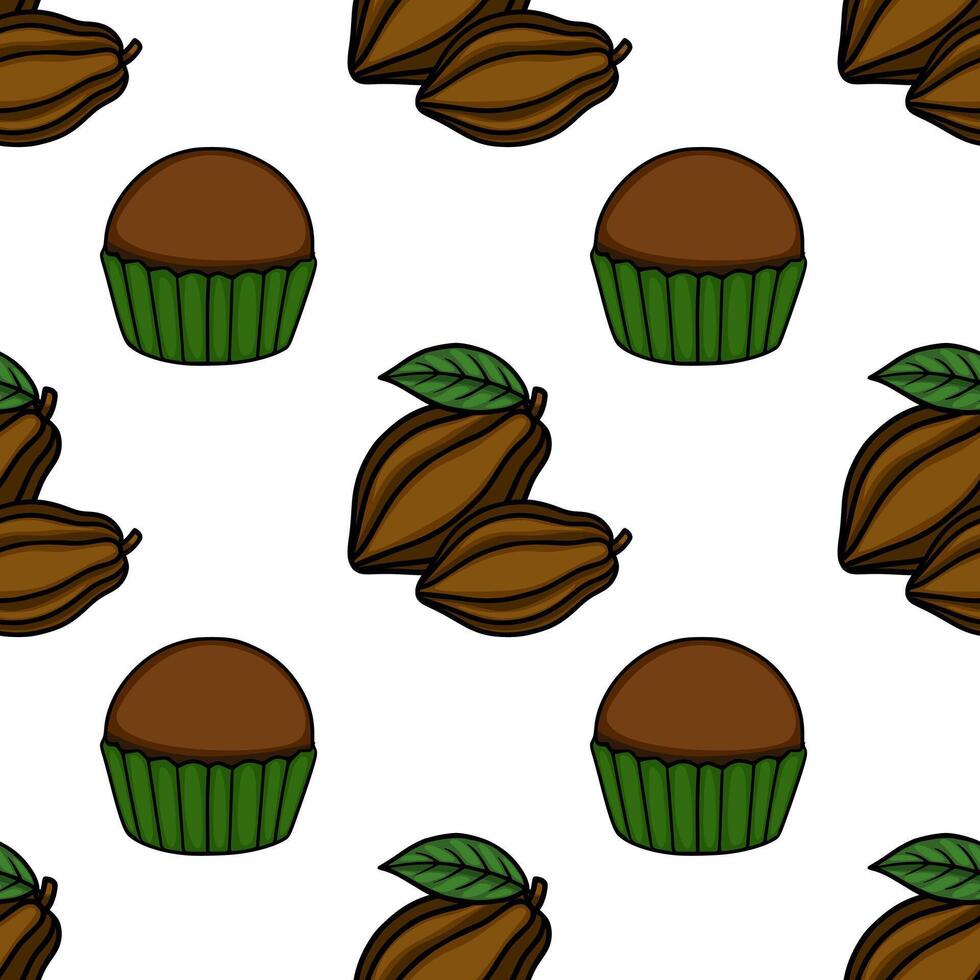 A delightful seamless pattern featuring stylized cocoa pods with leaves and chocolate cupcakes in a playful, hand-drawn cartoon style on a clean white background. vector
