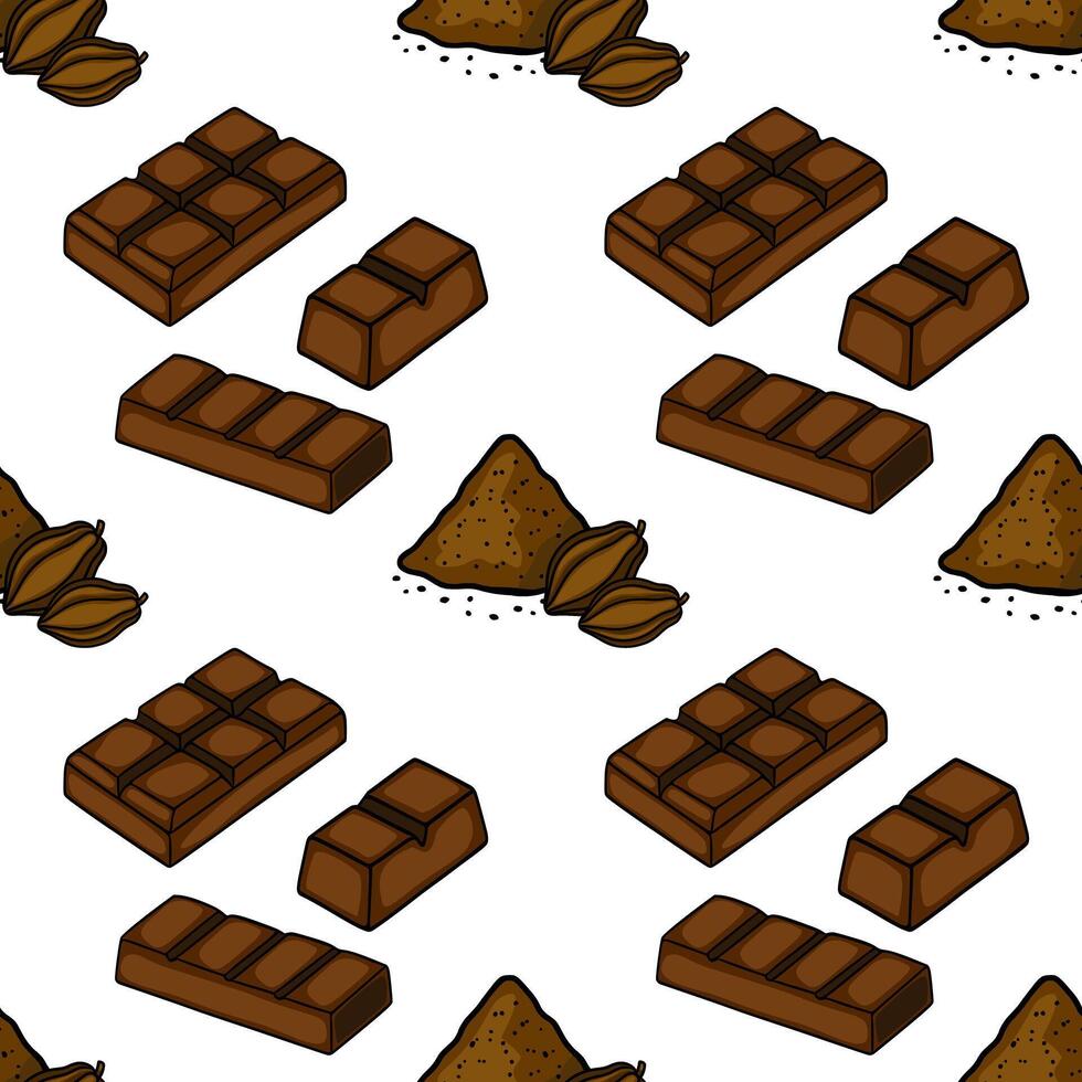 Seamless pattern of rich dark chocolate bars and cocoa beans, presented in a playful isometric perspective with a clean white background. vector