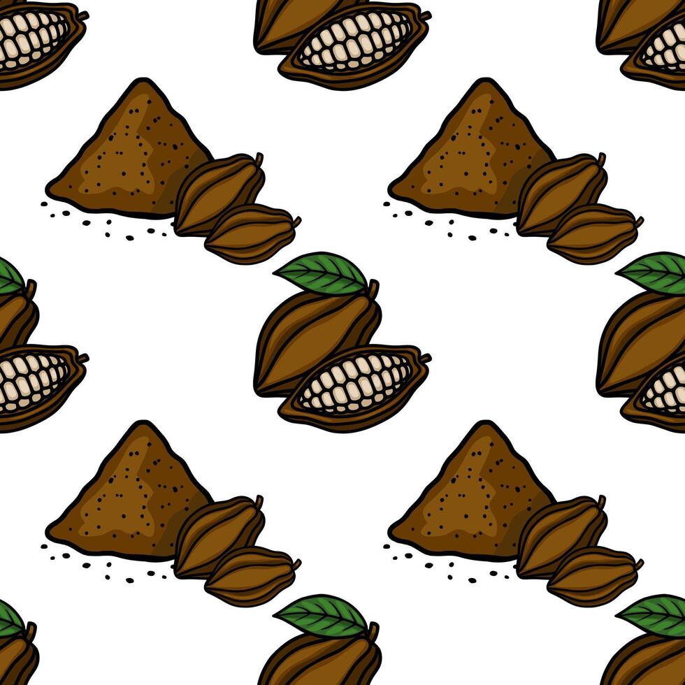 Seamless pattern featuring hand-drawn cocoa pods and a mound of cocoa powder, showcasing a rich brown color palette with green leaf accents. vector
