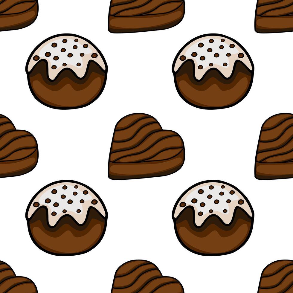 A delightful seamless pattern featuring charming cartoon-style chocolates, including round ones with white icing and dark chocolate dots, and heart-shaped chocolates with rich brown layers,... vector
