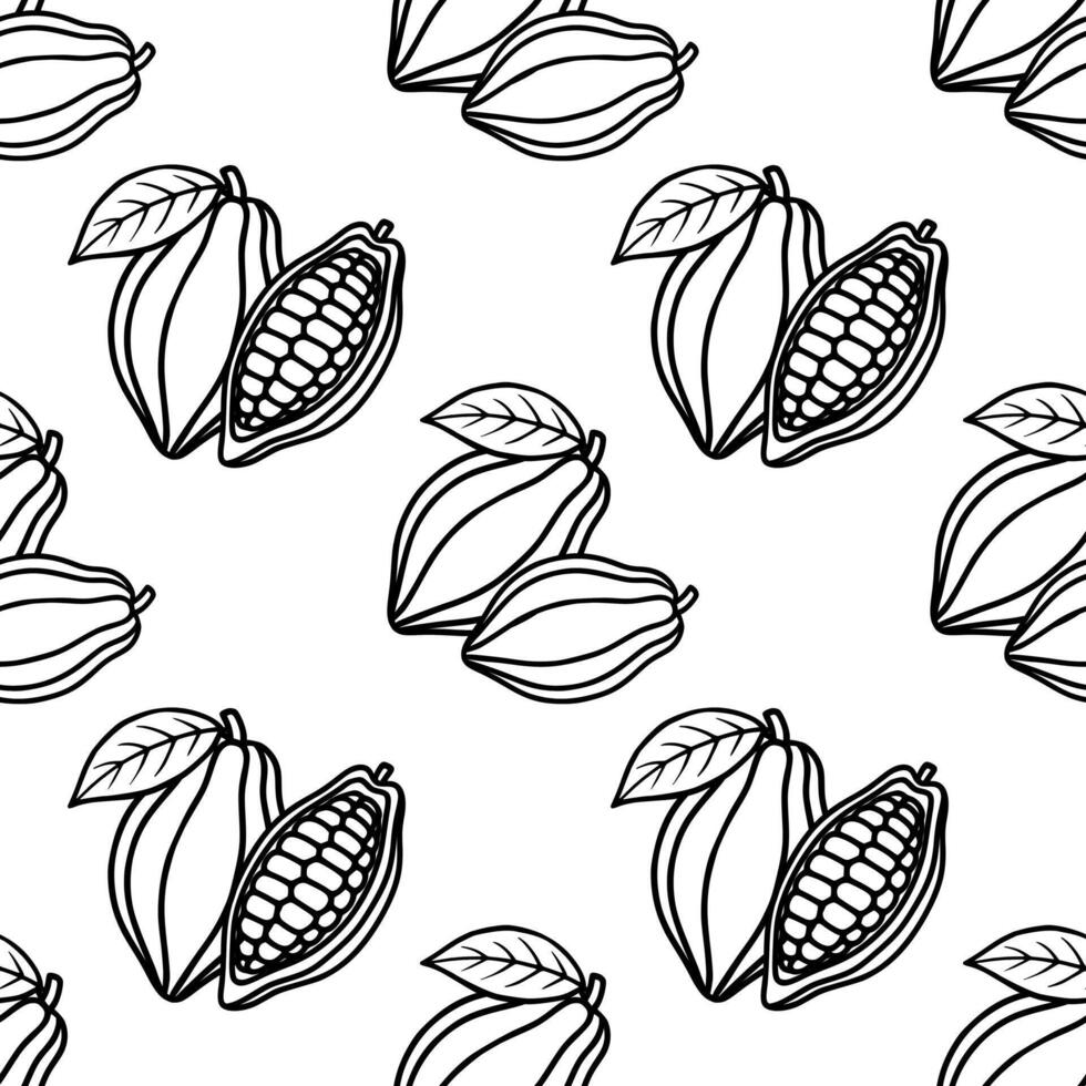 Seamless pattern of stylized cocoa pods with leaves on a white background, featuring a clean line art design. vector