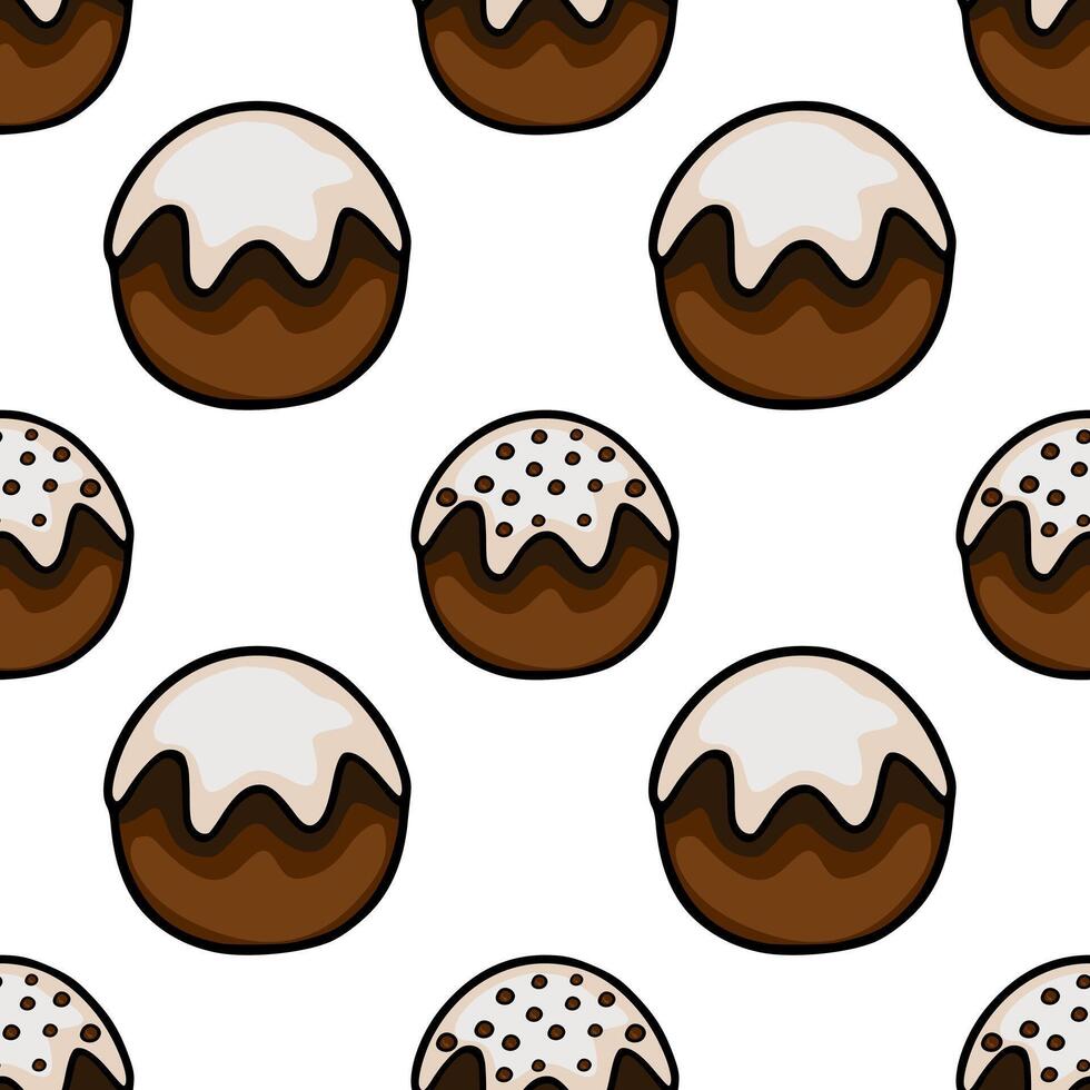 Seamless pattern of cartoon-style chocolate cupcakes with white frosting and chocolate chip toppings, set against a clean white background. vector