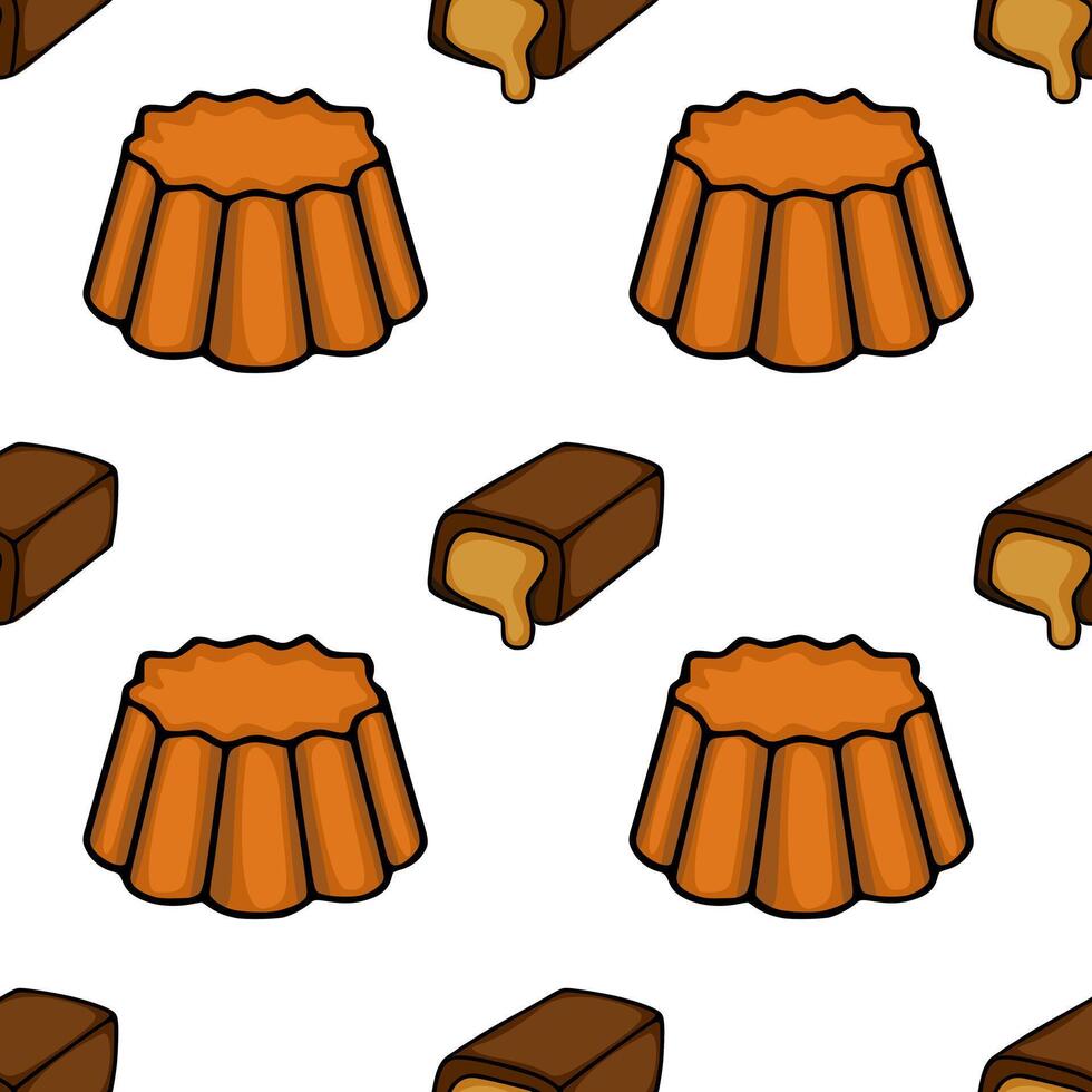 A delightful pattern featuring stylized chocolate bars and caramel-filled pastries, rendered with a clean, graphic style and warm, inviting colors, perfect for food-themed backgrounds and de... vector