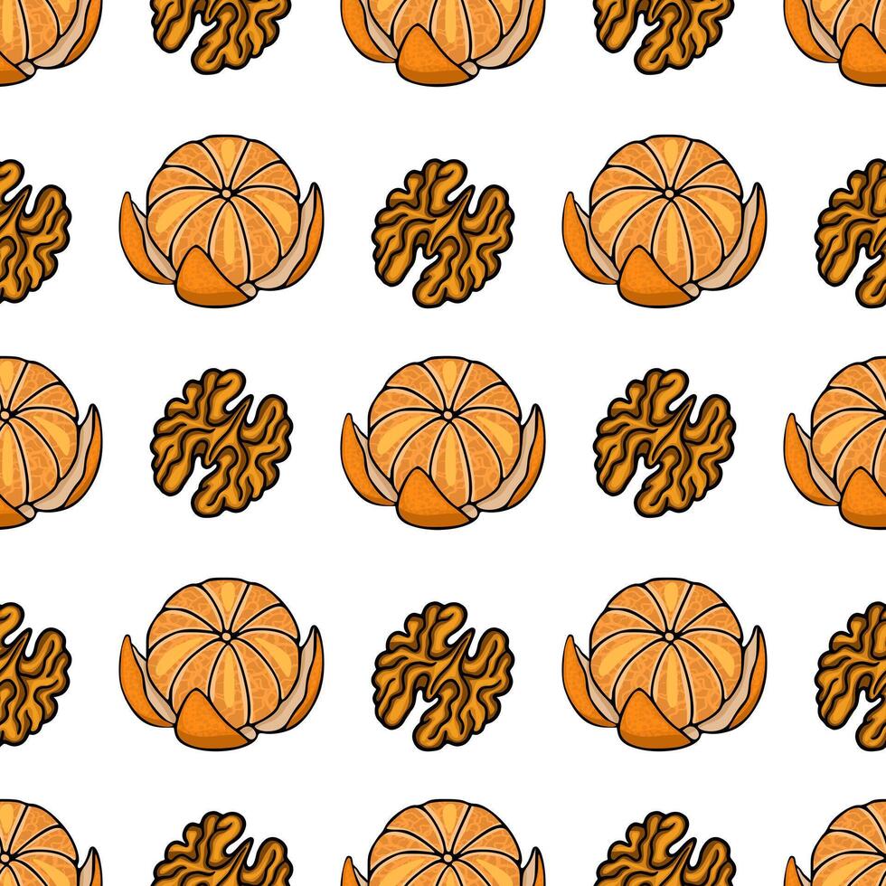 Seamless pattern featuring a repeating arrangement of peeled tangerines and walnuts with vibrant orange and brown tones. vector