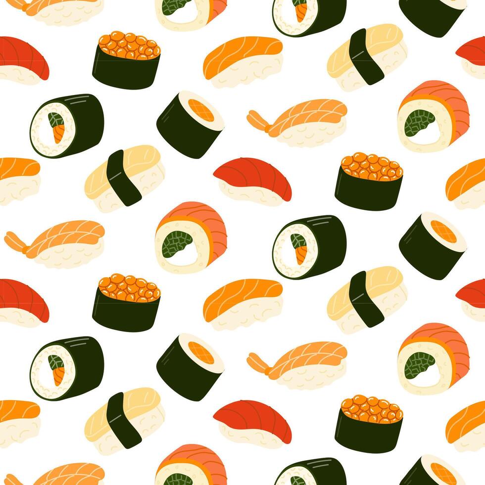 Colorful sushi pattern featuring various types of sushi and rolls on a white background vector