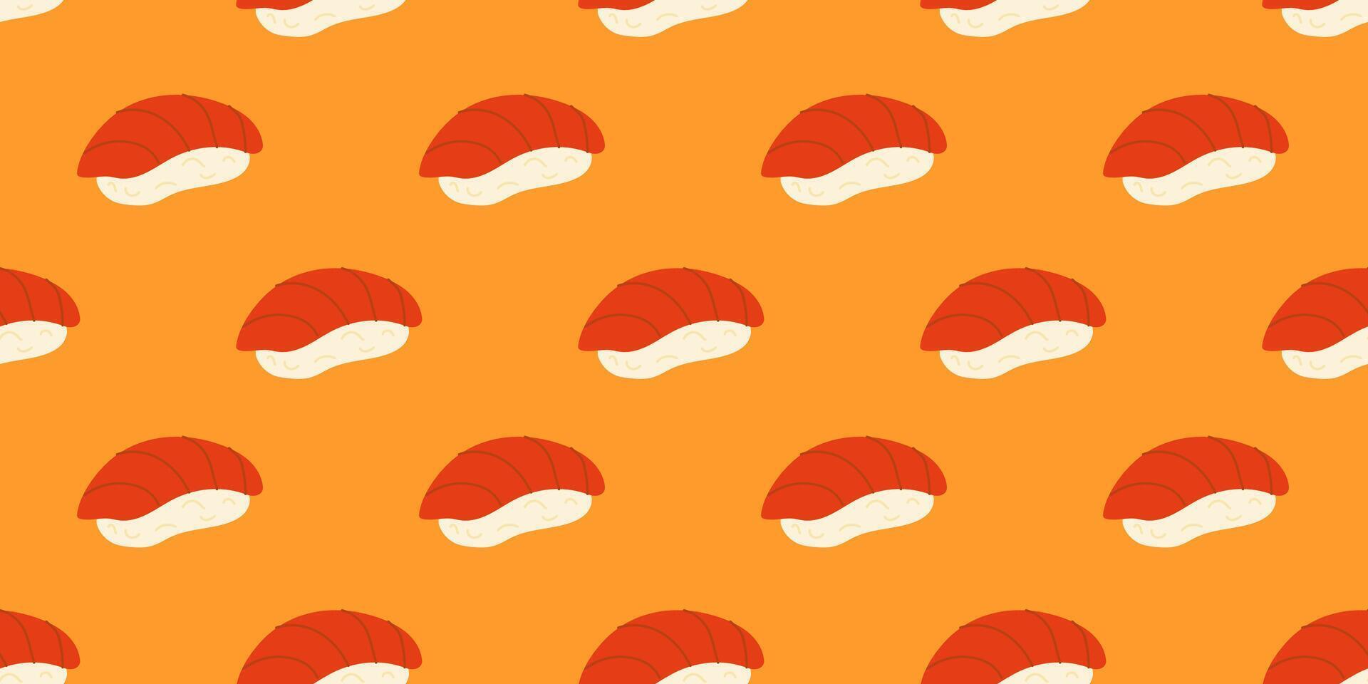 Colorful sushi pattern with red and white sushi rolls on vibrant orange background suitable for various design projects vector