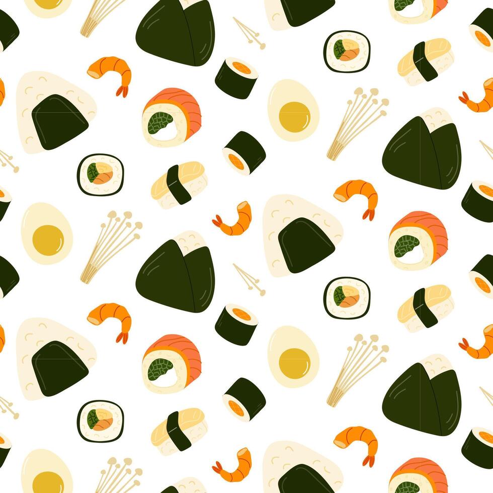 Colorful sushi and seafood pattern featuring various types of rolls and ingredients on a white background vector