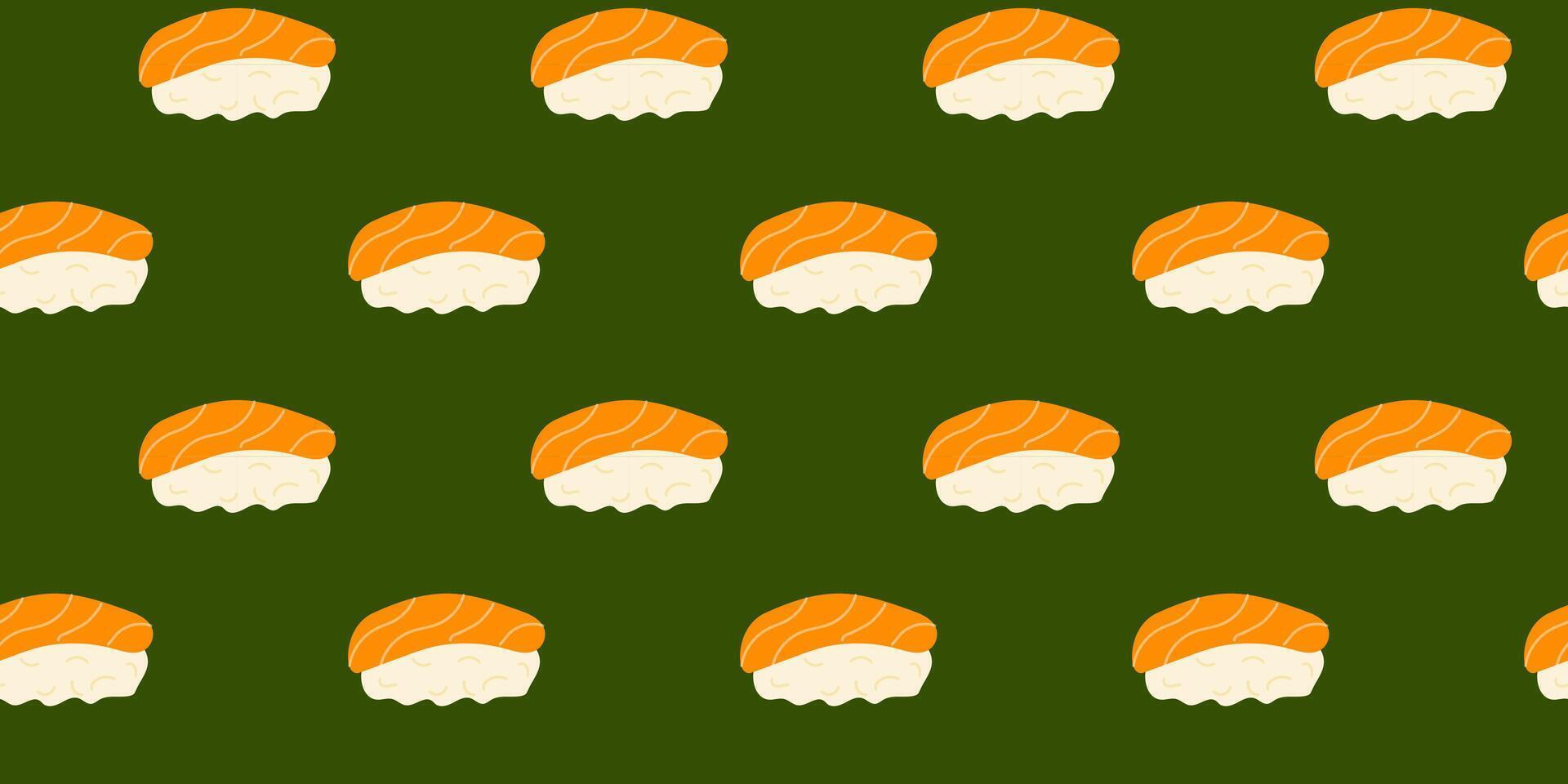 Colorful sushi pattern on a green background showcasing various sushi pieces in a visually appealing arrangement vector