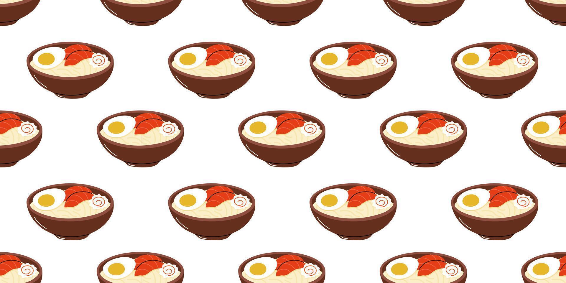 Colorful bowls of ramen with eggs, narutomaki, and broth arranged in a repeating pattern vector