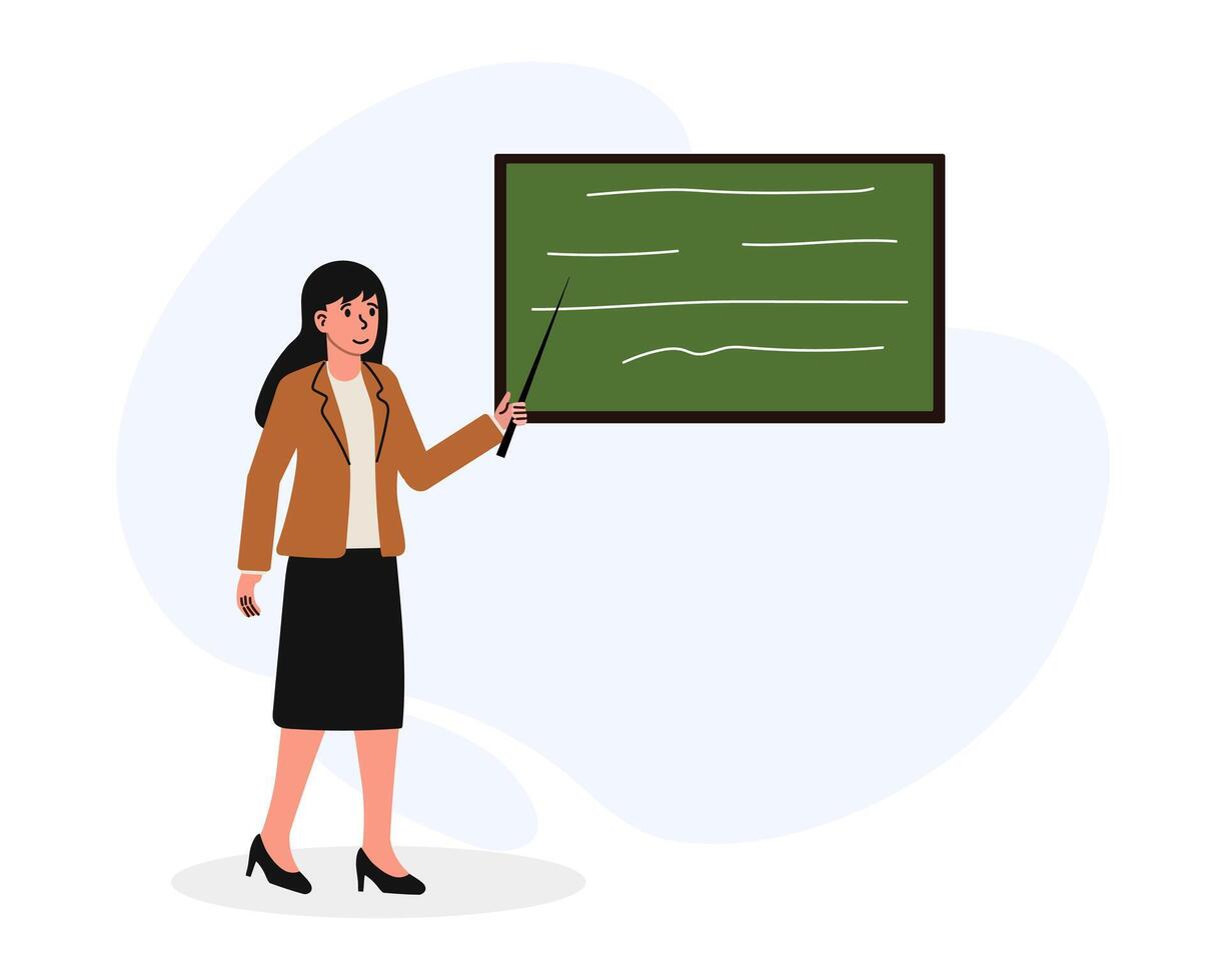 Woman teaching in a classroom setting with a chalkboard and a pointer vector