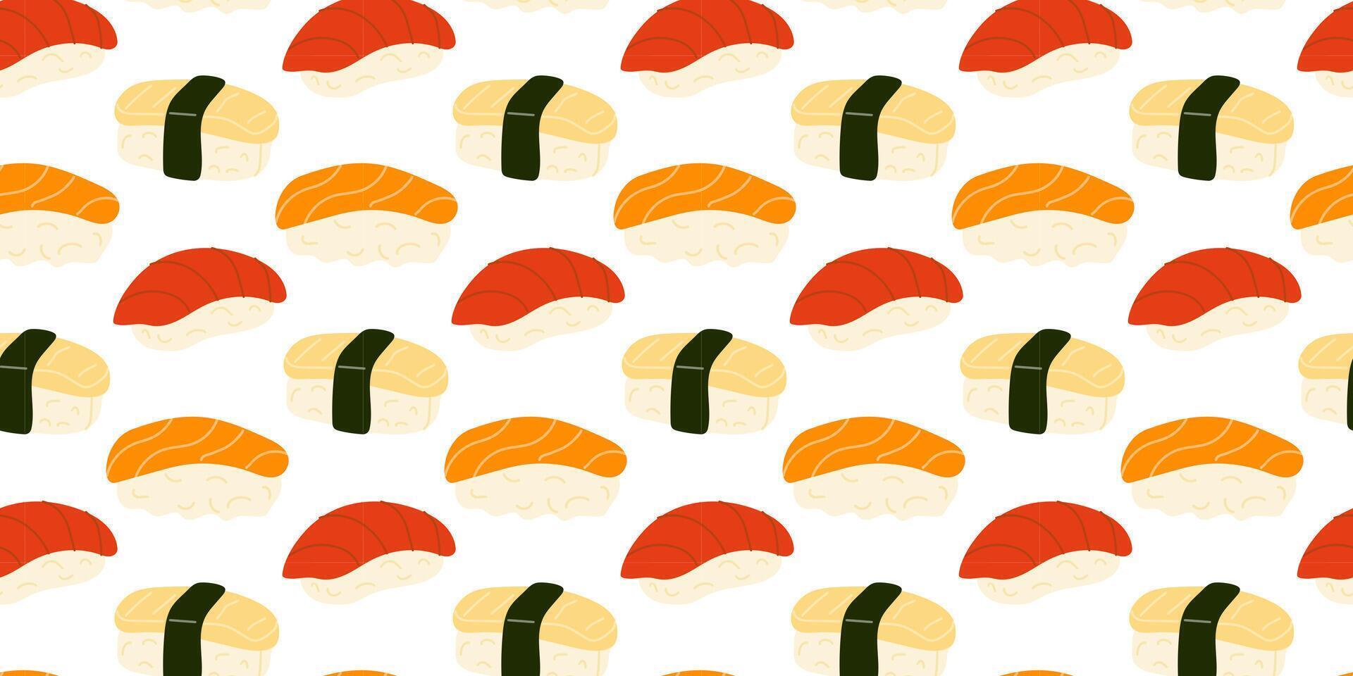 Colorful sushi pattern showcasing various types of sushi on a white background vector