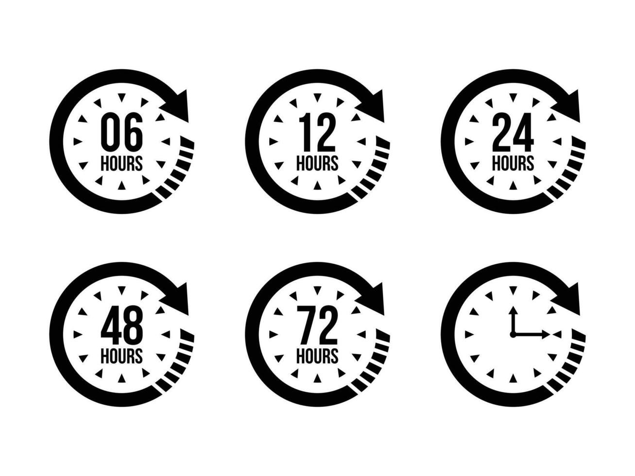 06, 12, 24, 48, 72 Hours Clock Arrow Icon for Work, Delivery, and Service Time Symbol, Isolated on White Background vector