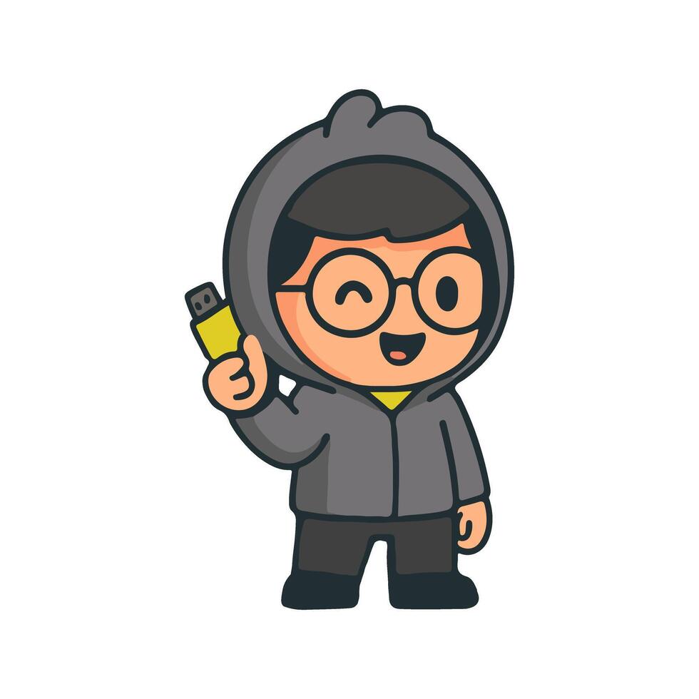 Cute hacker chibi with USB cartoon illustration. Cyber security hacker character holding flashdisk illustration. Programmer hacker mascot with hoodie and USB cartoon design. vector