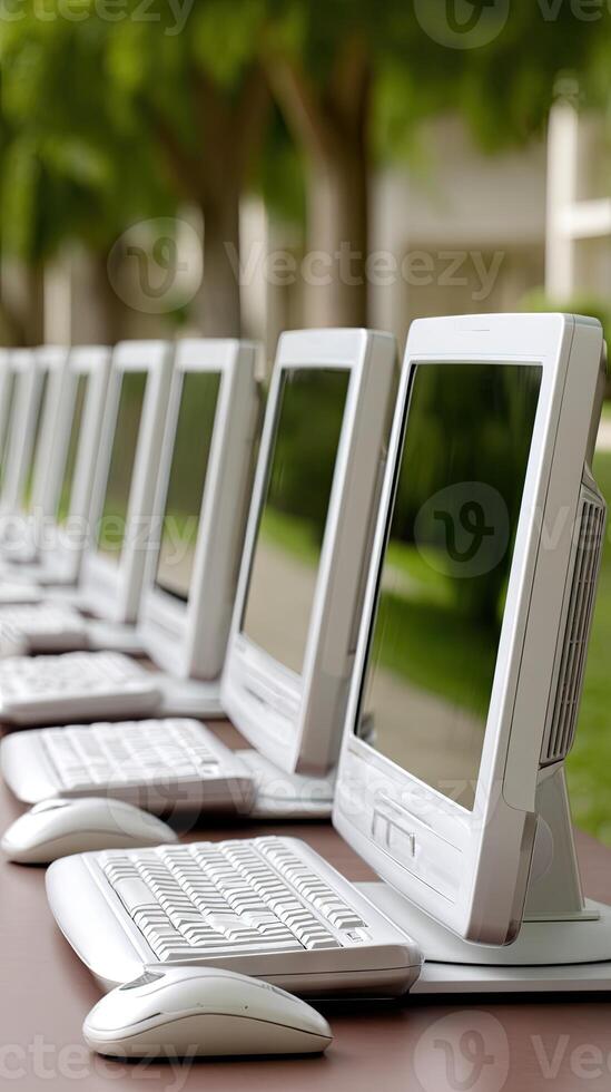 Rows of computers set up for a training session in a park under sunny weather photo