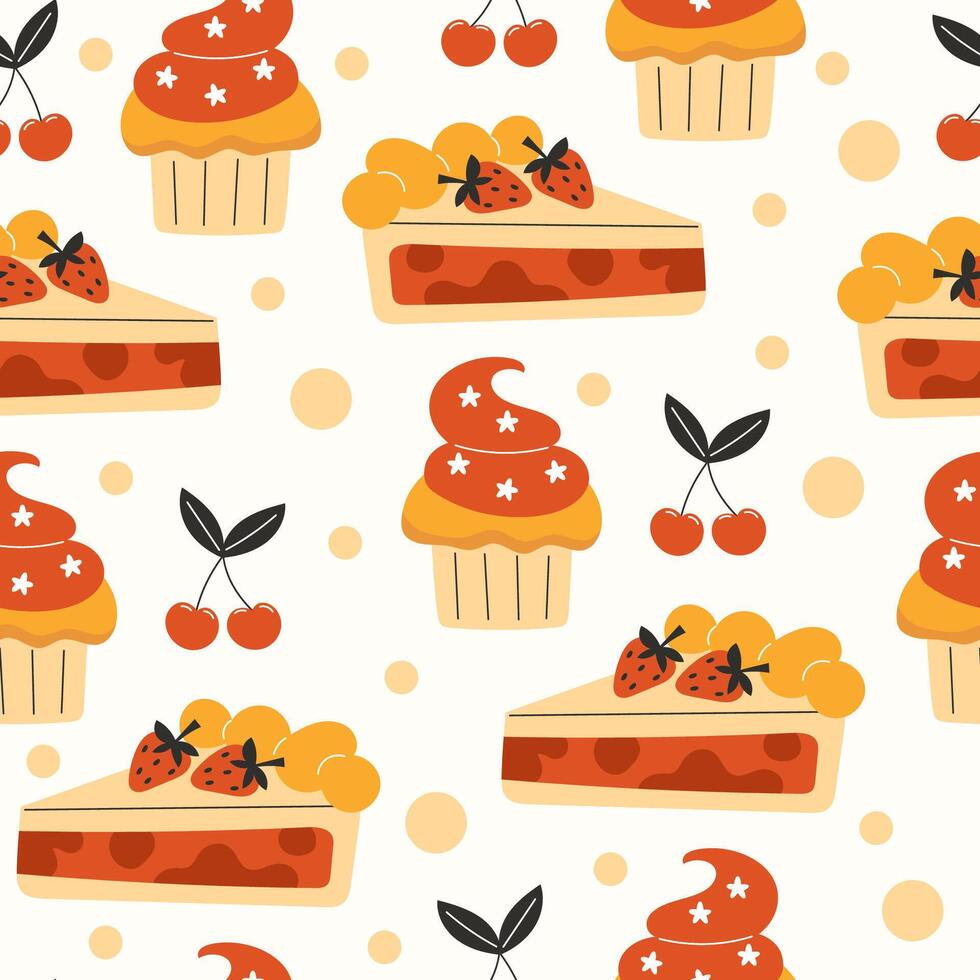Seamless pattern with strawberry pies and cherry cupcakes on white background for bakery design vector