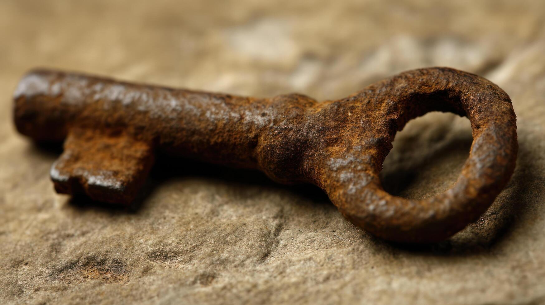 Close up of a rusty key on a stone surface with shallow depth of field photo