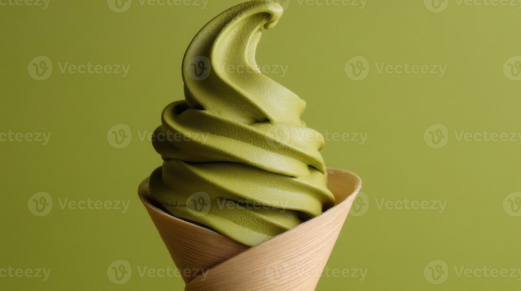 Green matcha soft serve ice cream in cone against a matching green background photo