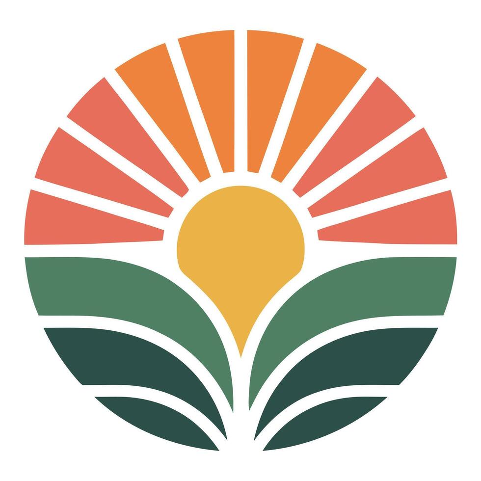 Clean lines and vibrant colors define this minimalist logo. Sun rises above lush green fields, creating a serene and optimistic natural landscape. Ideal for nature oriented brands. vector