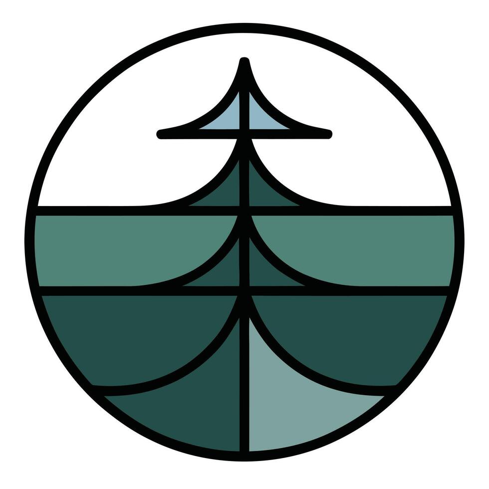 Geometric abstract pine tree icon with teal green shades. Stylized fir tree in a round frame. Modern nature illustration. Abstract forest graphic with clean lines and colorful segments. vector