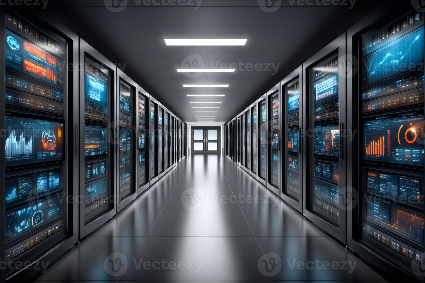 Server room corridor showing data processing and network technology photo