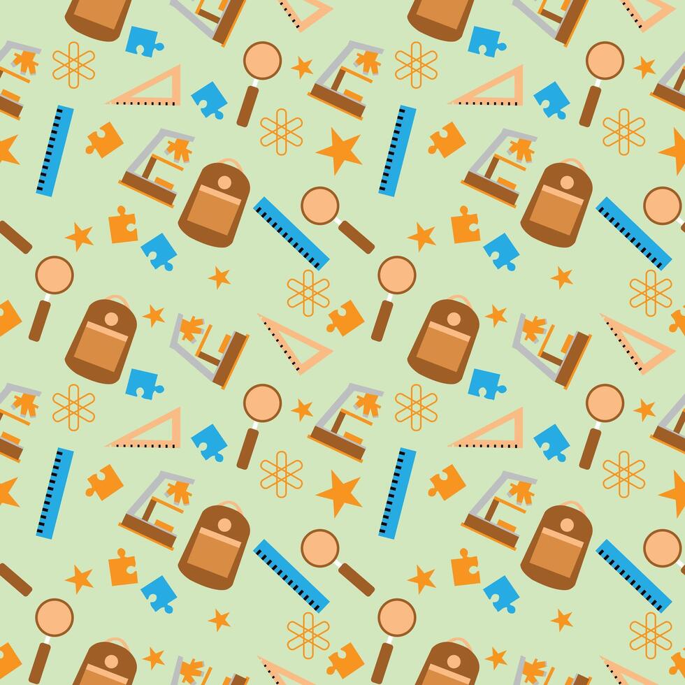 Seamless school and science pattern featuring microscopes backpacks rulers magnifiers puzzle pieces and stars on green background perfect for educational design and stationery projects vector