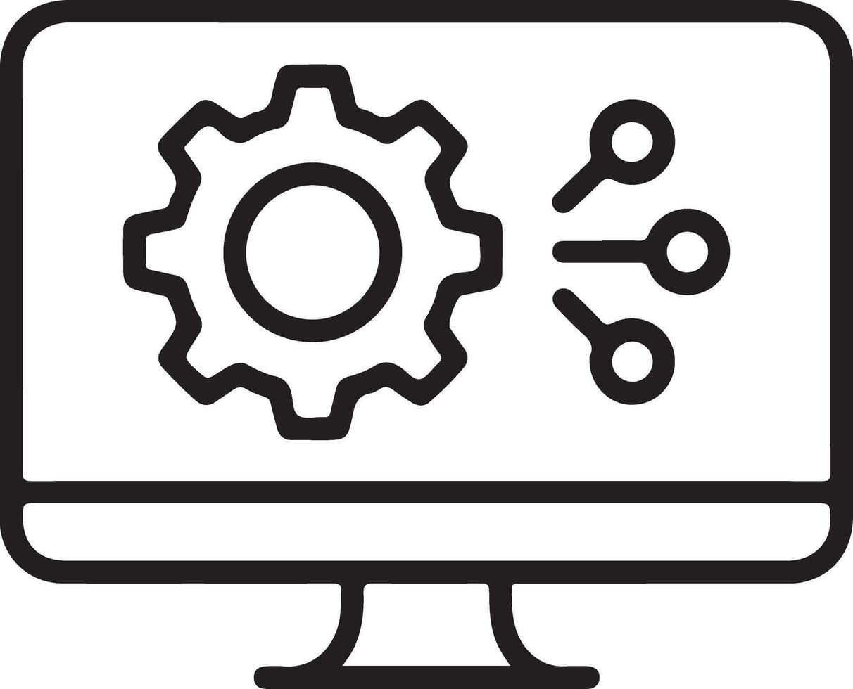 Computer screen displaying a gear and network nodes representing technology and data flow vector