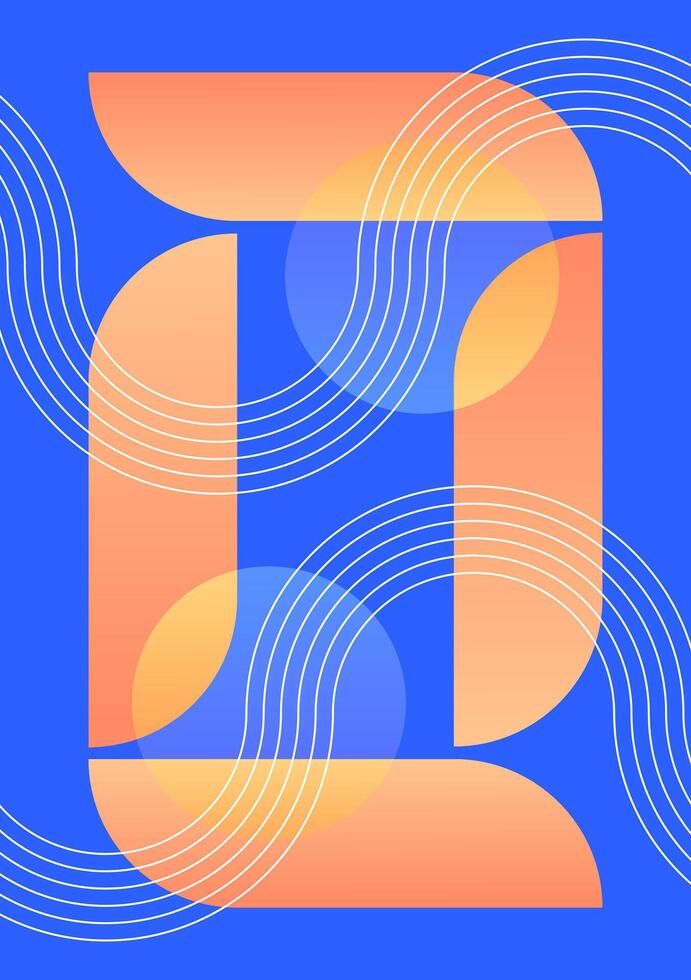 Geometric abstract poster blue background peach gradient modules and white wave lines vector