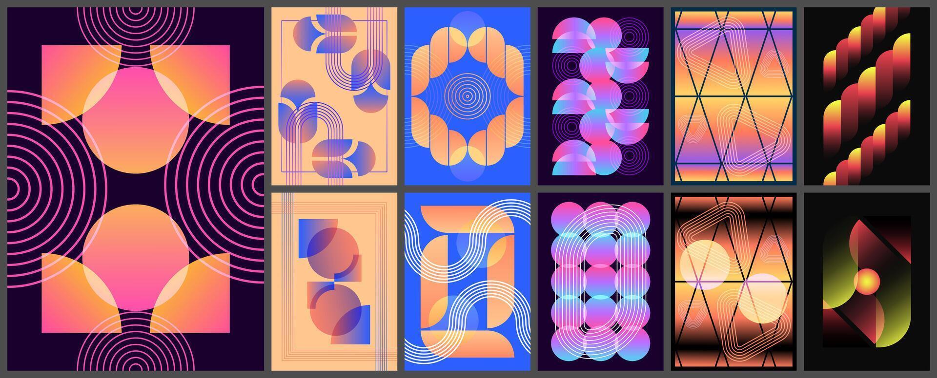 Set of 11 modern geometric abstract posters gradient shapes concentric rings wave lines and grids vector