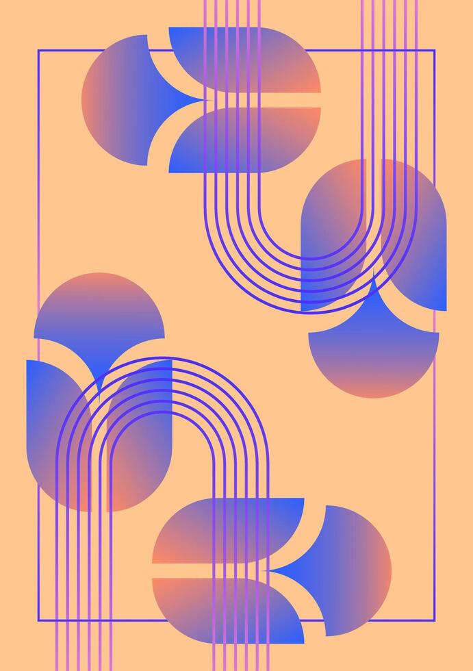 Modern geometric abstract poster peach background violet blue gradient arcs and shapes vector
