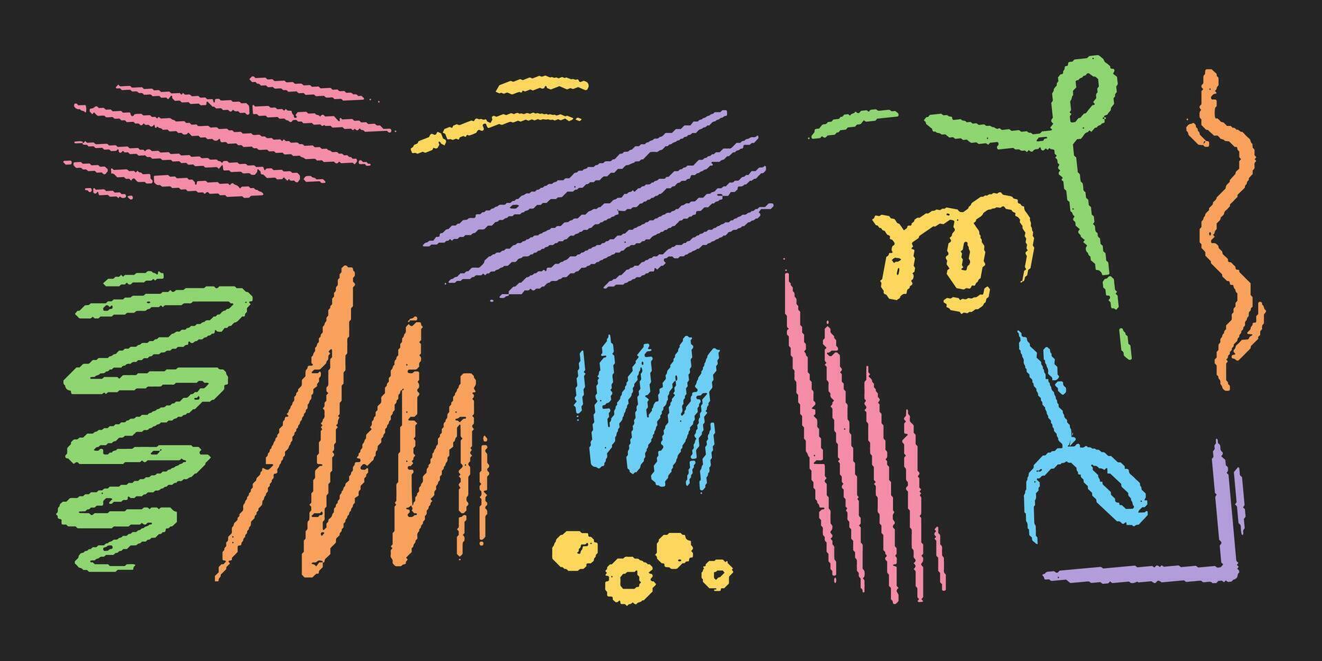 Chalk color hand drawn arrow, marker lines, underlines, crayon brush scribbles, grunge texture, zig zag doodle sketch elements on blackboard. Creative abstract signs for social media, web and vector