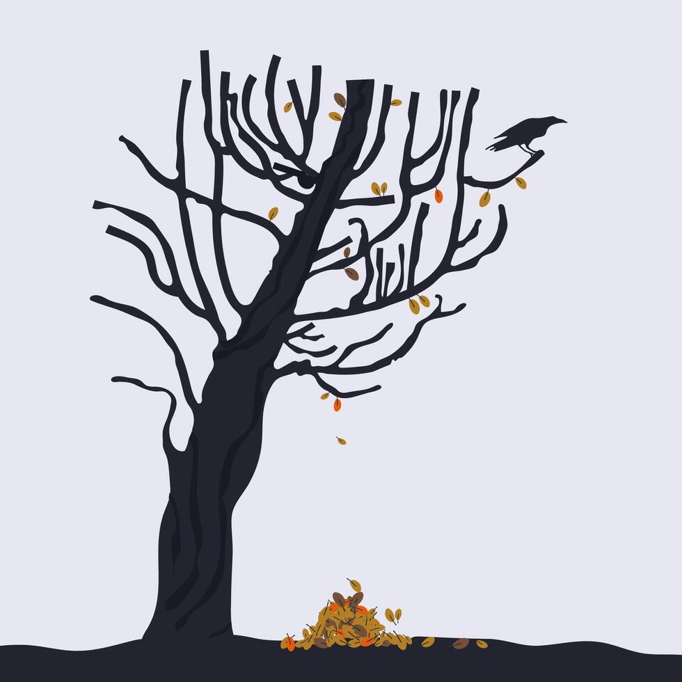 Composition of with a dark tree and a raven sitting on a branch and a pile of autumn leaves on the ground, good for banner, card vector
