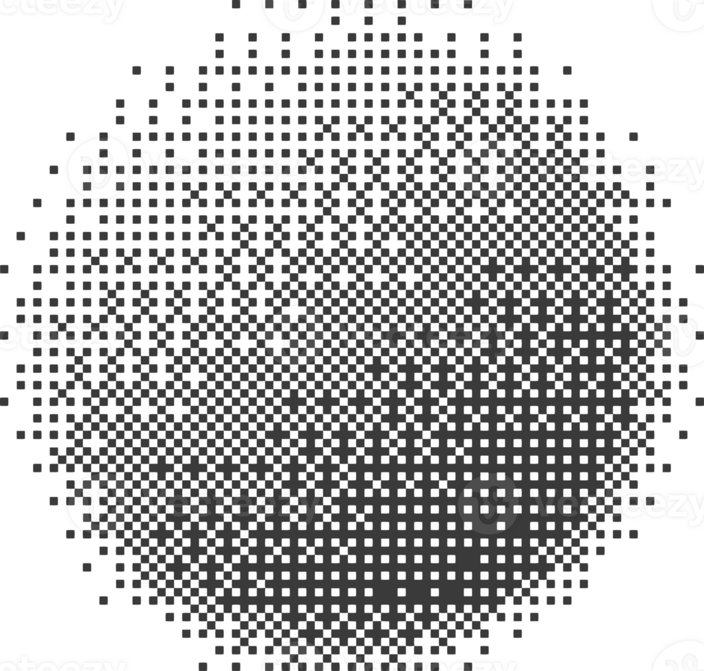 pixel círculo com meio-tom efeito. bitmap estético volta forma para na moda Anos 2000 Projeto. digital abstrato radial figura. geométrico gráfico com tremor gradação. png