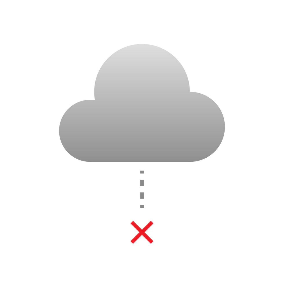 illustration of a cloud with a dashed line and cross mark. failed data retrieval, disabled cloud backup, or no internet connection. concepts of data unavailable, network error, or offline sync vector