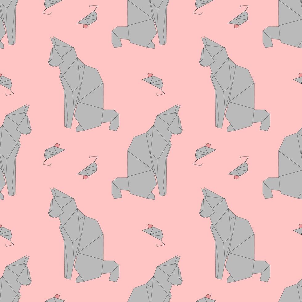 A seamless pattern of origami-style animals. Features gray cats and small mice on a pink background. The design is playful and modern, suitable for various applications. vector