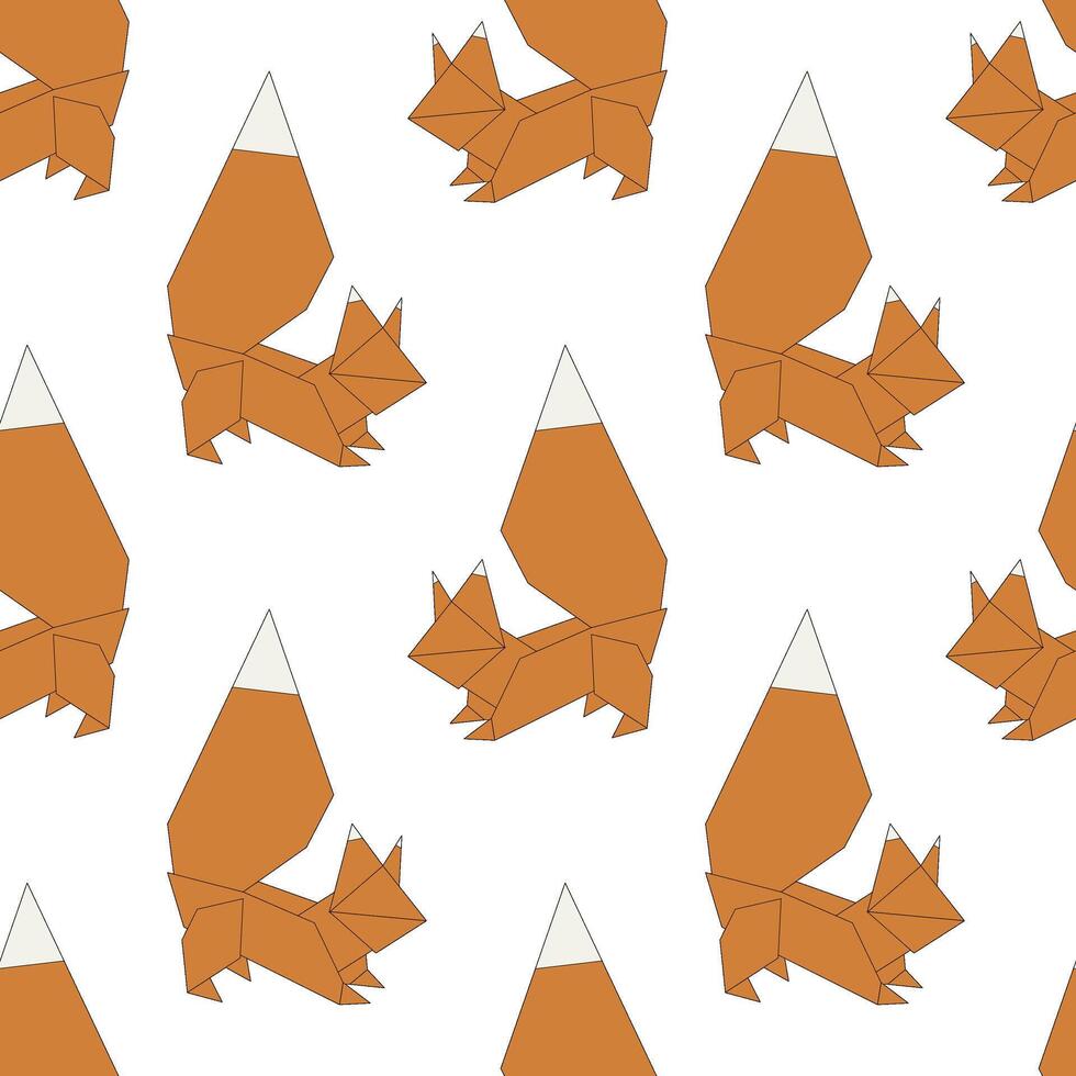 animals in origami style, featuring a repeating pattern of orange foxes with white tips on their tails against a plain white background. vector