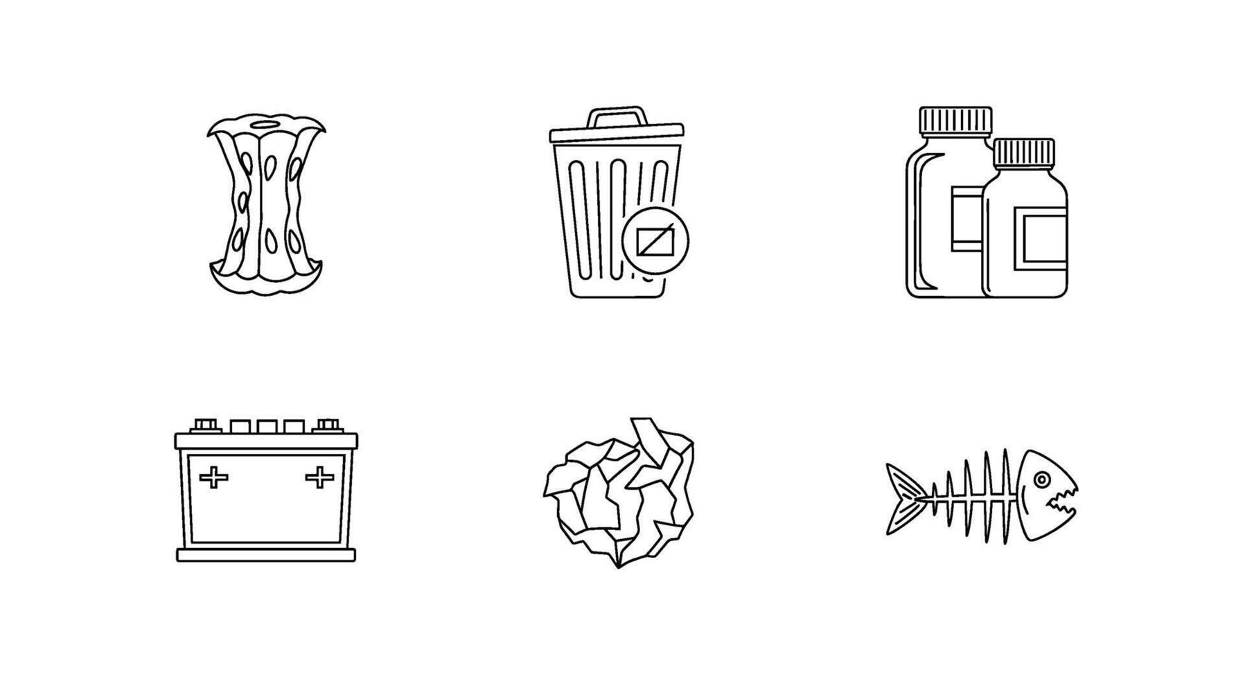 Collection of waste icons in a clean white representing different types of garbage and refuse for disposal and recycling efforts vector