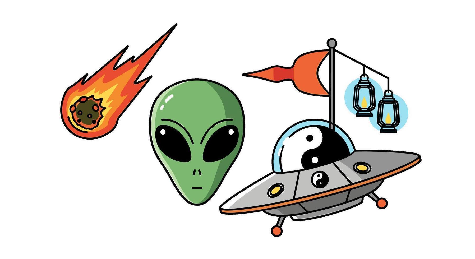 Cartoon alien observing a fiery meteor shower from a UFO decorated with yin yang symbols and lanterns creating a whimsical and otherworldly scene vector