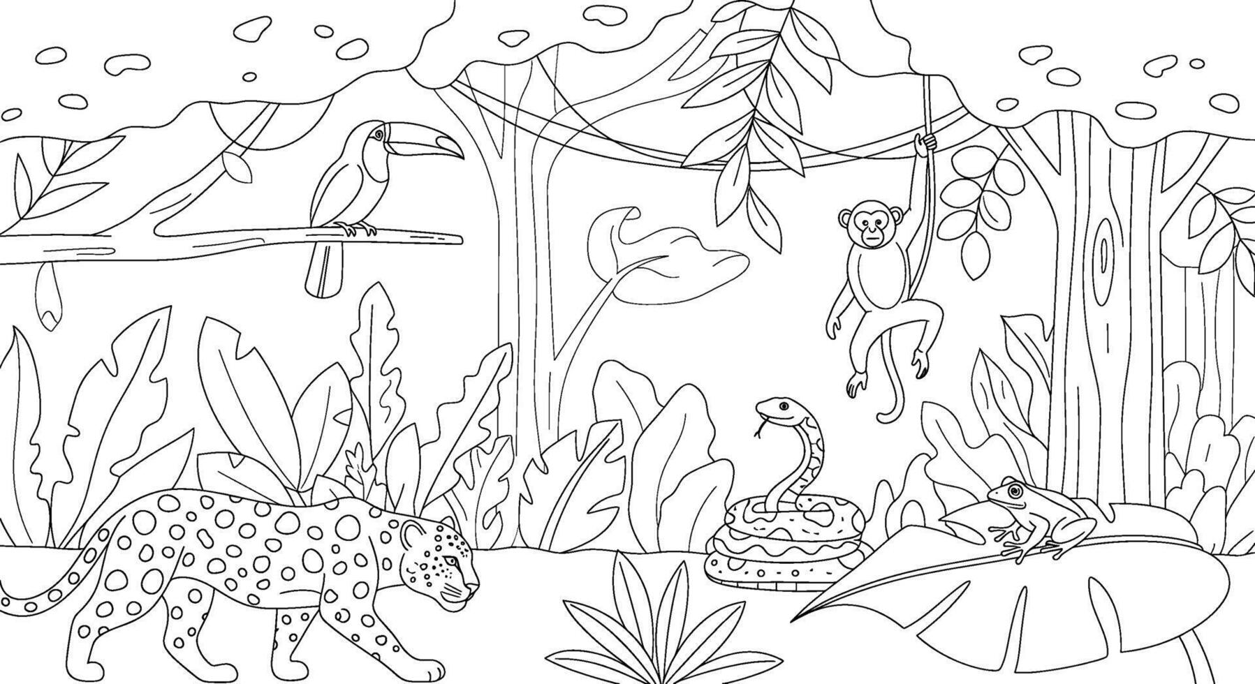 Line art of a jaguar prowling a toucan perched a monkey swinging a snake coiling and a frog resting in a lush jungle creating a whimsical coloring pag vector