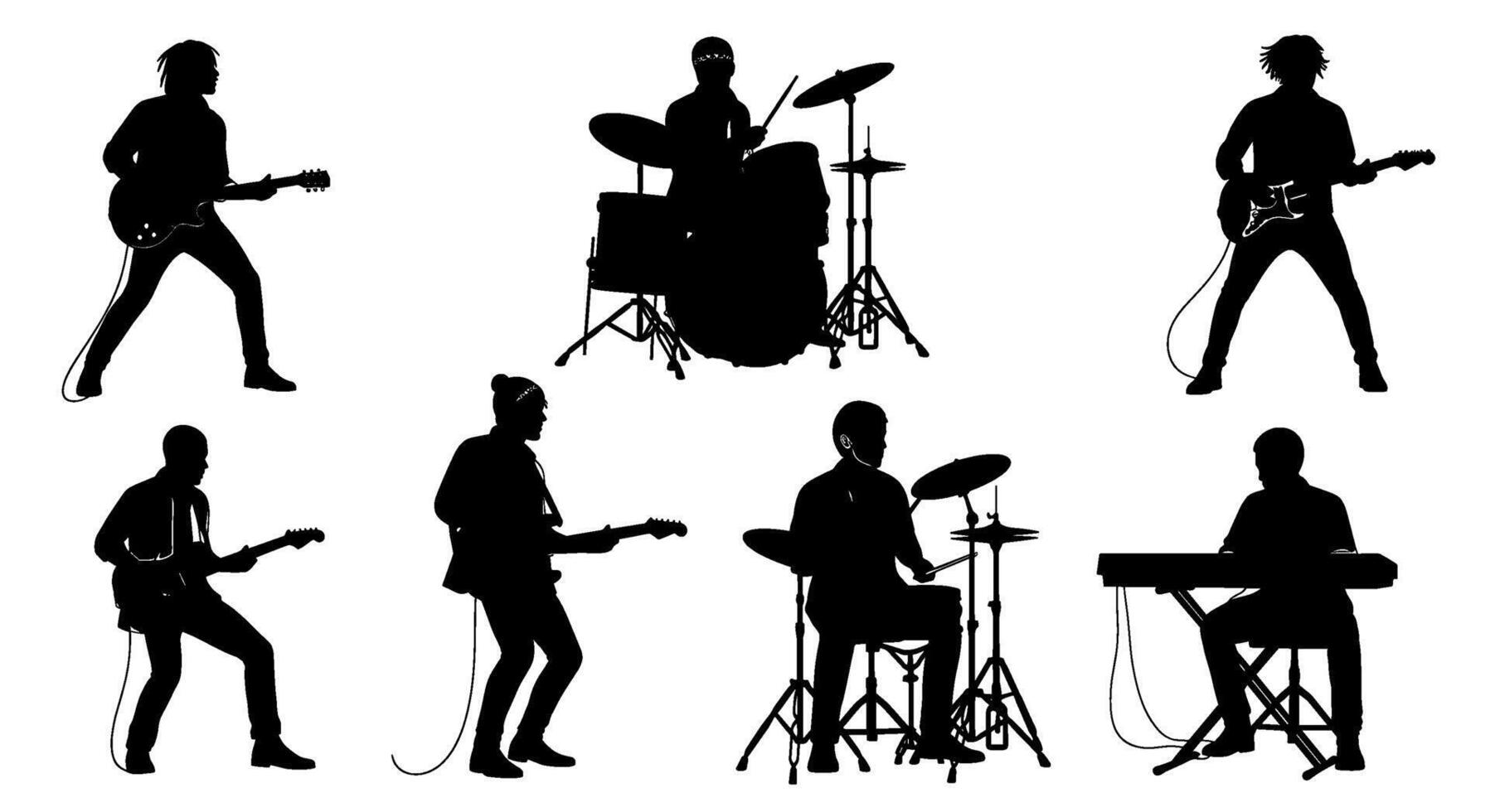 Silhouette of a rock band performing live on stage with guitarists drummers and keyboardist creating an energetic and captivating musical performance vector