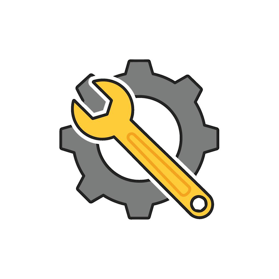 Yellow wrench adjusting a grey gear in a mechanical setting symbolizing precision engineering and the concept of maintenance and industrial solutions vector