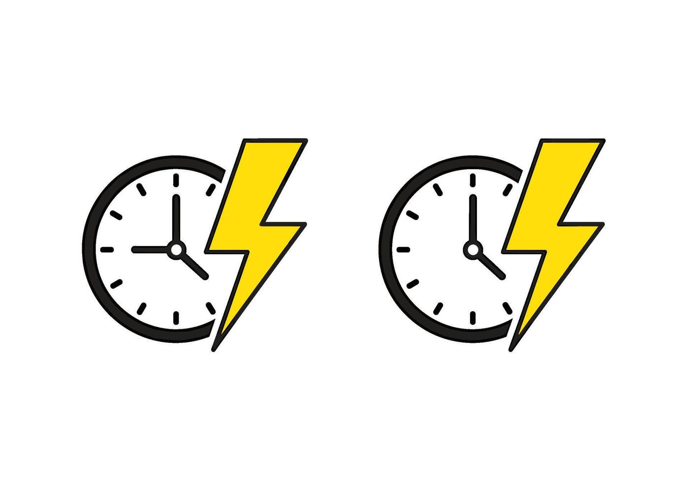 Two clocks with lightning bolts symbolizing fast time speed and urgency in a clean modern graphic design against a white conveying efficiency vector