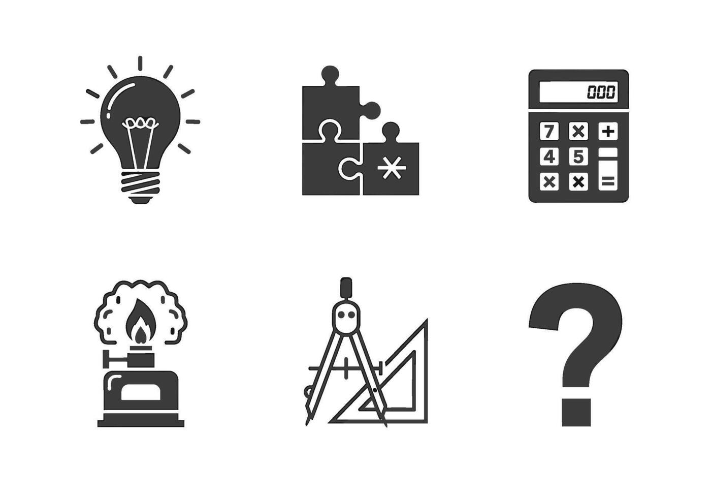 Conceptual icons representing problem-solving and education featuring a lightbulb jigsaw puzzle calculator burner compass and question mark on a white vector