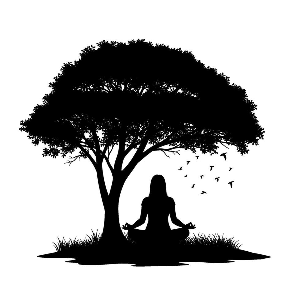 Silhouette of a woman meditating under a large tree with birds flying in the creating a peaceful and serene atmosphere of mindfulness vector