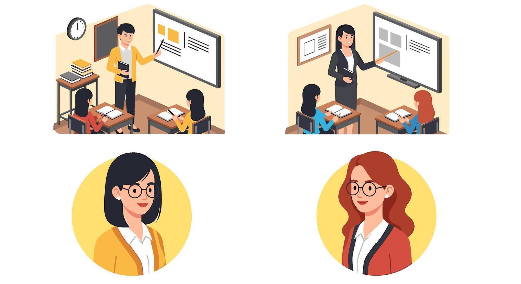 Dedicated teacher instructing students in a bright classroom using a whiteboard fostering a positive and engaging learning environment for academic su vector