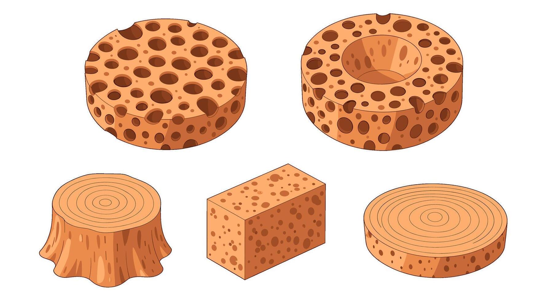 Isometric wood blocks and tree stumps in a cartoon style showcasing natural and geometric shapes on a white creating a playful mood vector