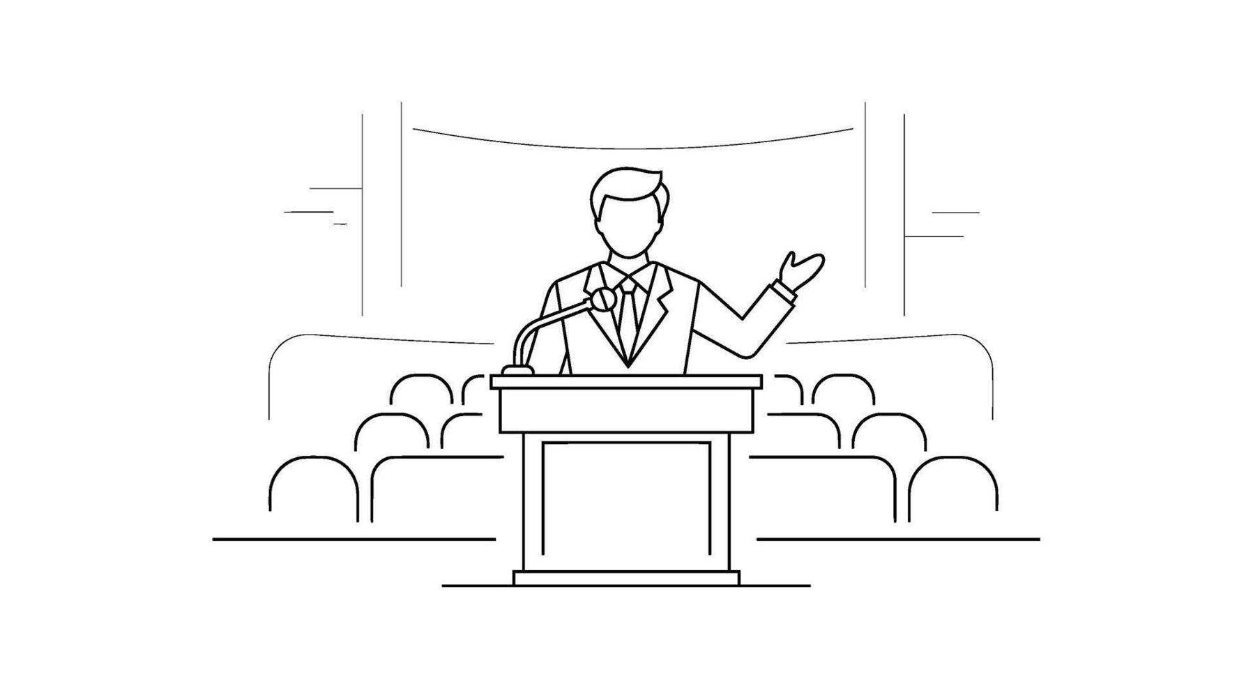 Confident speaker delivering a presentation on stage in front of an audience conveying leadership and expertise in a minimalist line art style illustr vector