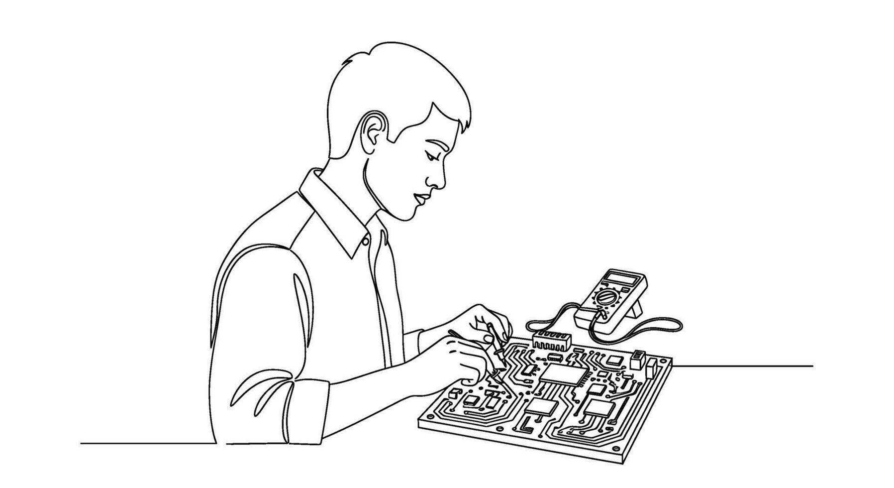 Focused engineer meticulously repairing a circuit board at his workbench showcasing precision and attention to detail in a minimalist line drawing sty vector