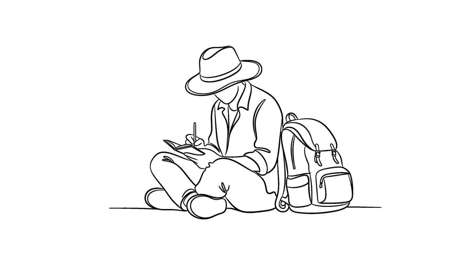Contour drawing of a young man sitting cross-legged in nature writing in a notebook with a backpack conveying a sense of creativity and adventure vector