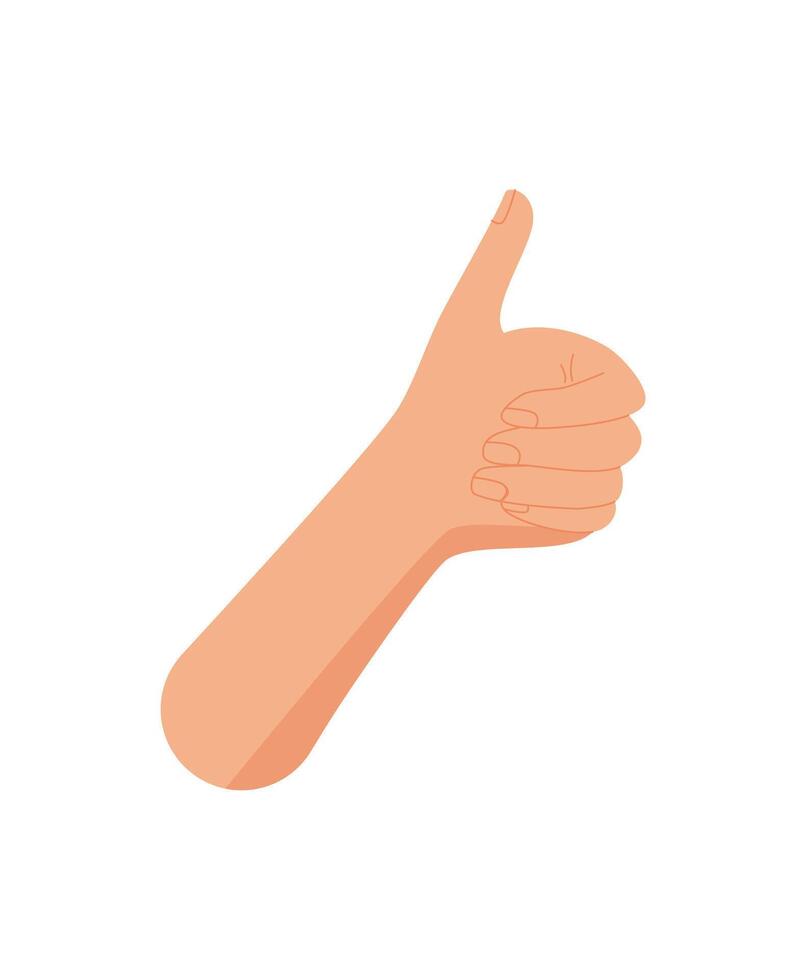 Flat cartoon gesture of a hand with raised thumb sticker. Open fingers show happy thumb up sign as a symbol of approval. Positive concept in simple abstract style. vector